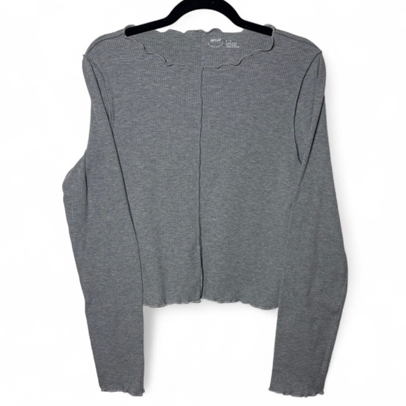 aerie Tops - Aerie Grey Ribbed Long Sleeve Top XL Scallop Hem Casual Stretch Tee